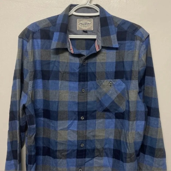 New! Flag & Anthem Mens Button Up Shirt Adult Flannel Plaid Medium M Blue Grey - Picture 4 of 13